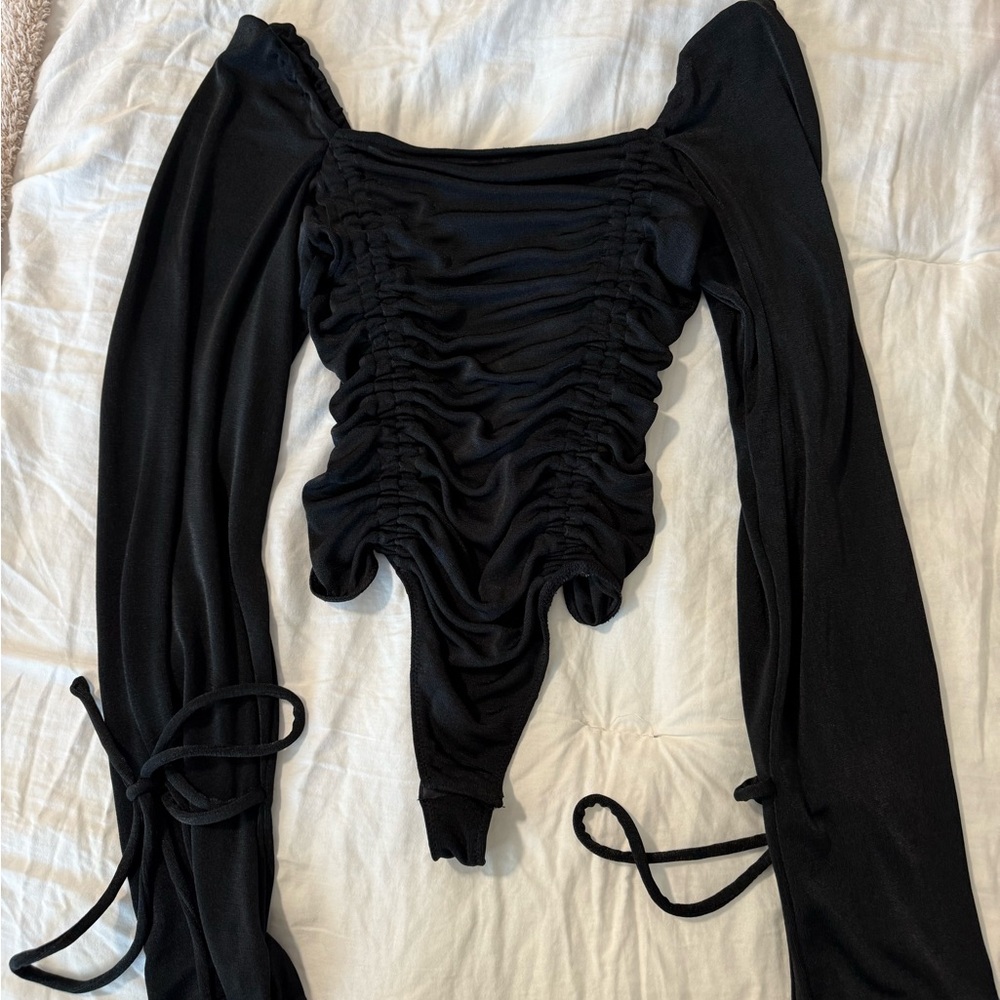 Free People Black Ruched Long-Sleeve Bandeau Bodysuit